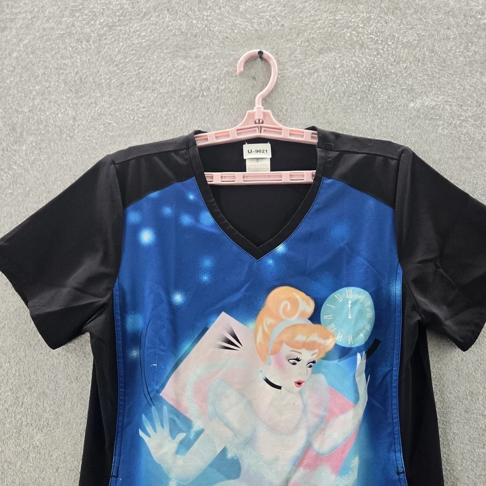 Disney Women Scrub Top S Black Graphic Print‎ Cinderella TF637 Activewear
